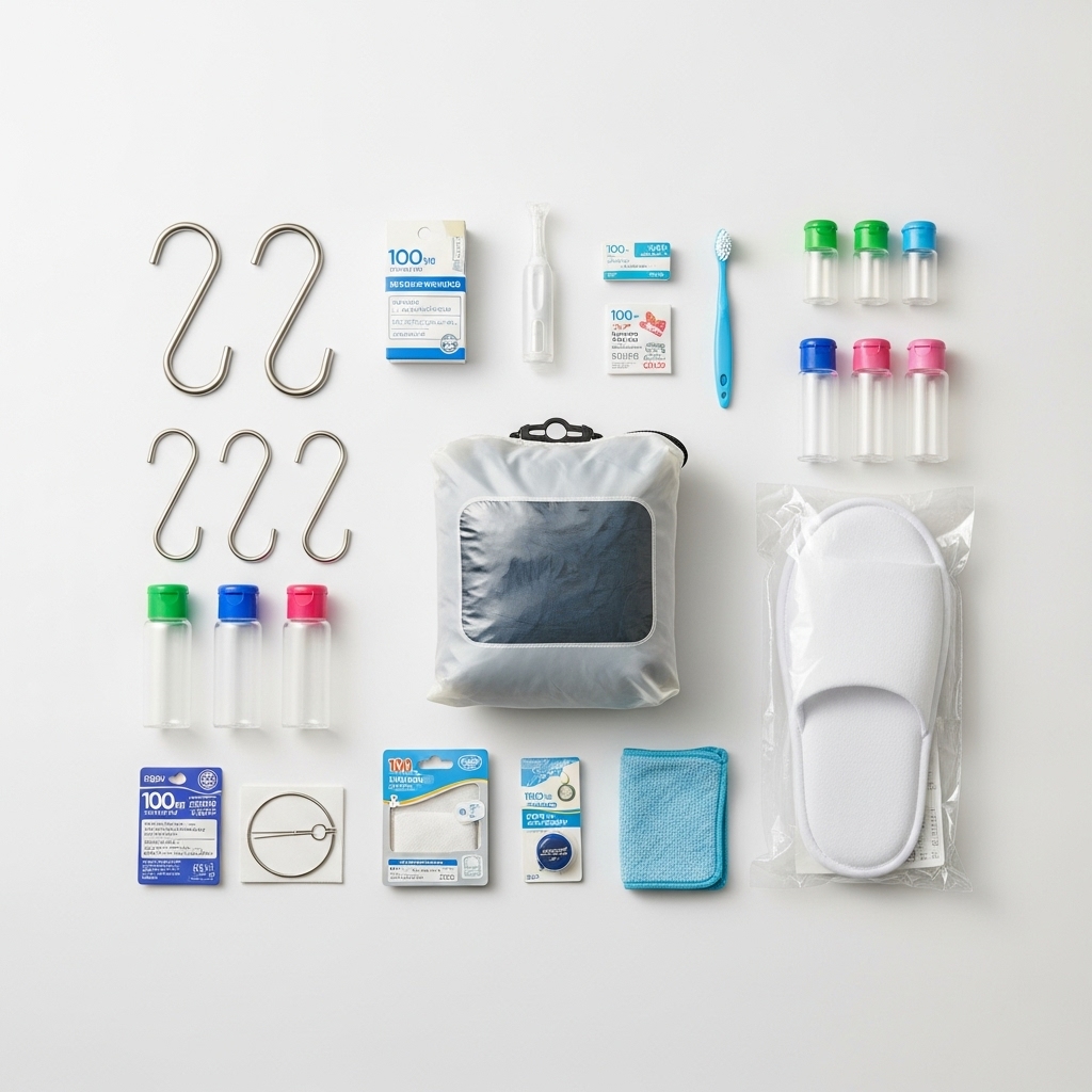 100円ショップで購入できる旅行用便利グッズ（S字フック、圧縮袋など）のイメージ。