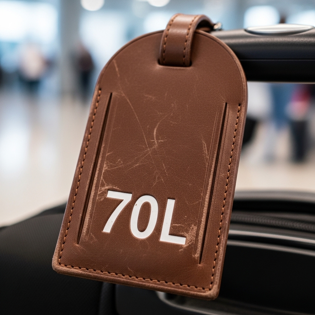 スーツケースの荷札に「70L」と書かれているクローズアップ。