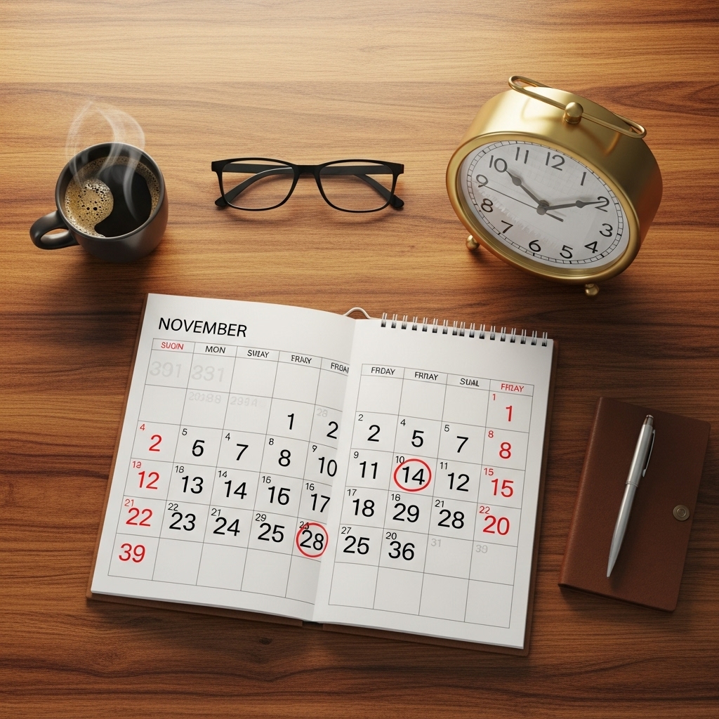 2025年11月のカレンダーと、11時と12時を指す時計。カレンダーの金曜日にはセール開始