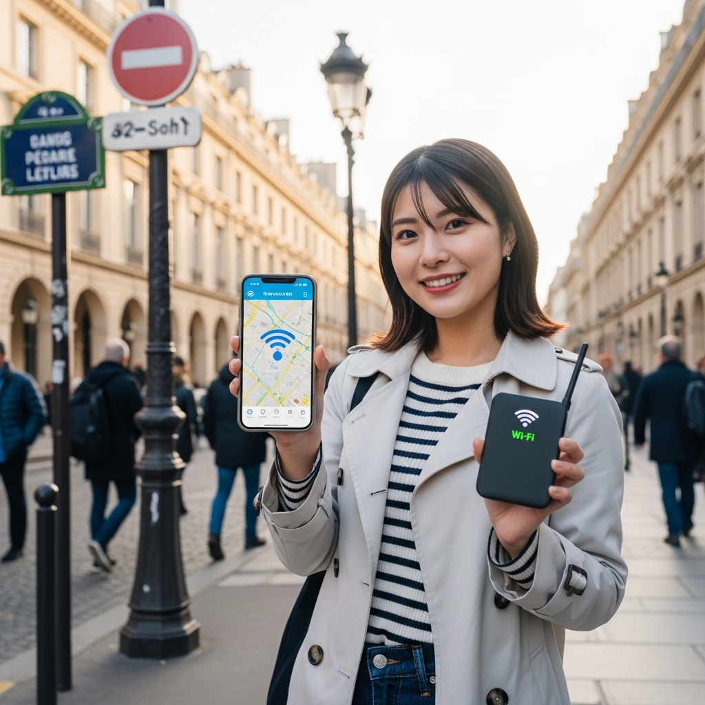 ヨーロッパの美しい街並みを背景に、スマートフォンとポケットWi-Fiルーターを手にして通信を確認する日本人旅行者。