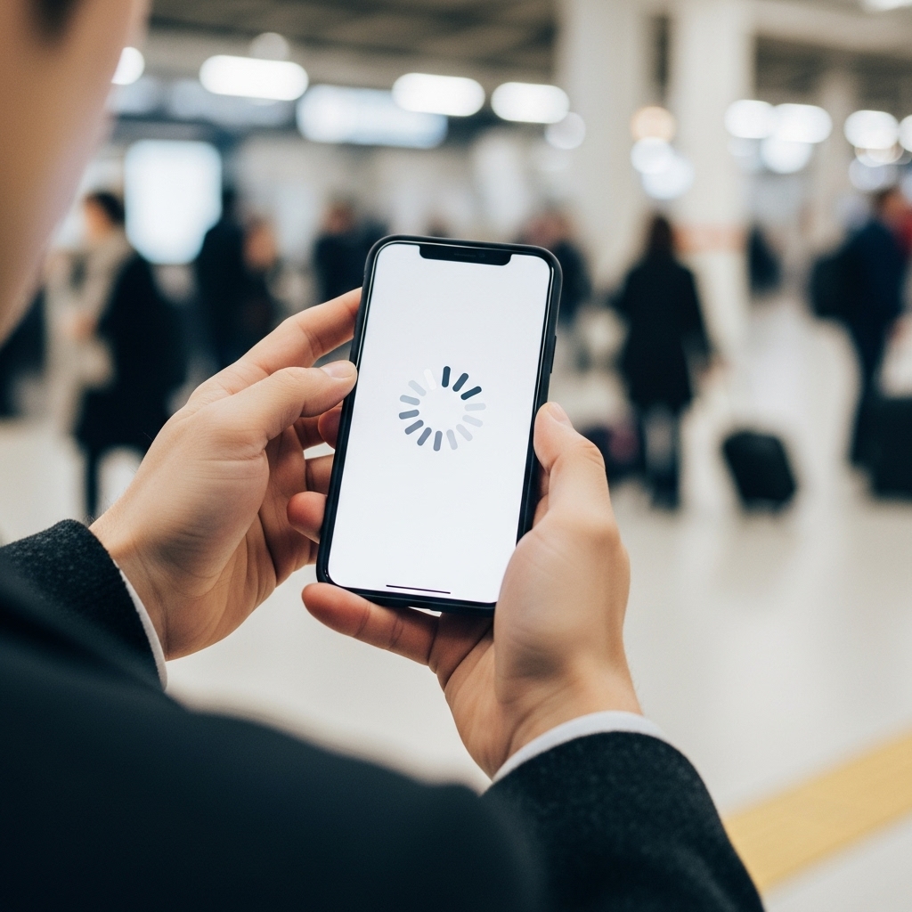 電波状況を確認するためにスマートフォンを高く掲げている手元