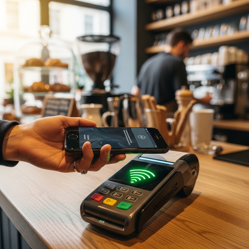 海外のカフェで、日本人がスマートフォンを決済端末にかざしてタッチ決済をしている様子。