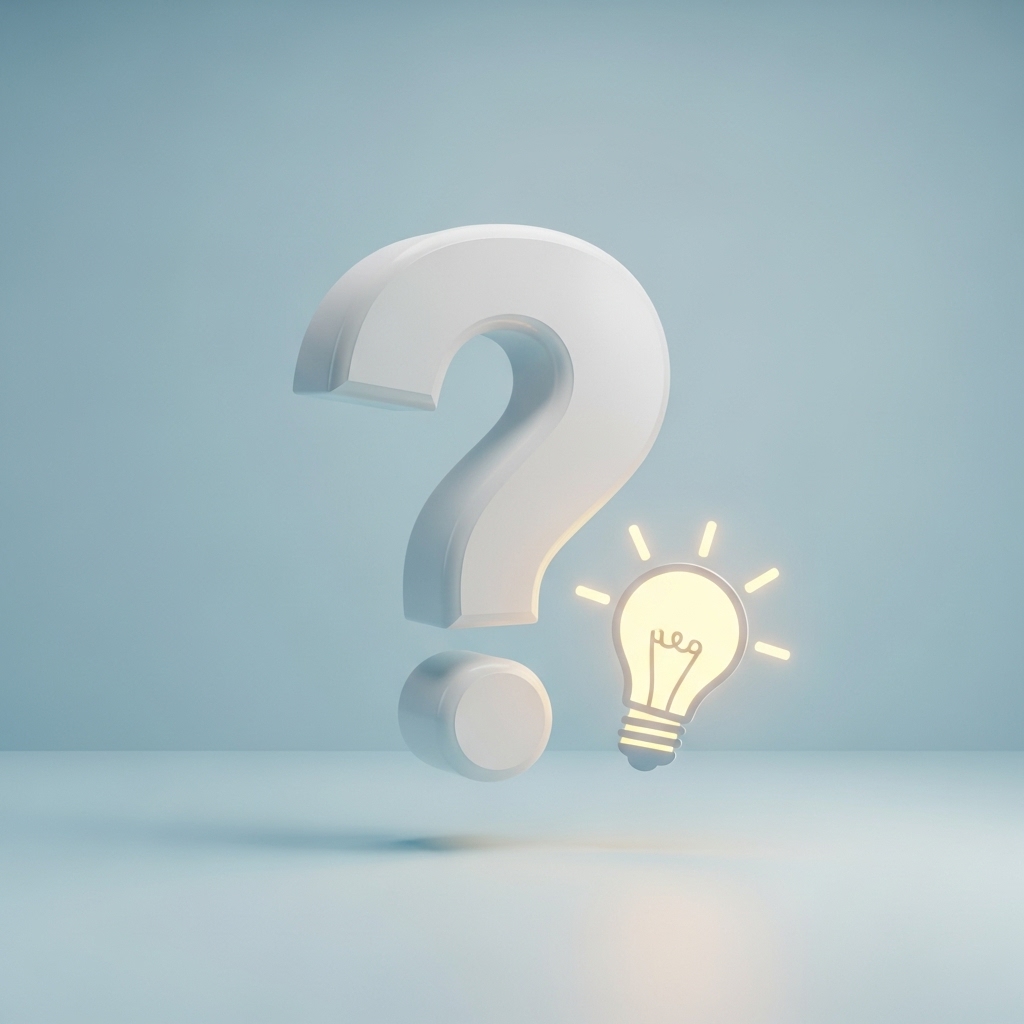 疑問を表す「？」マークのオブジェと、解決へ導く光。