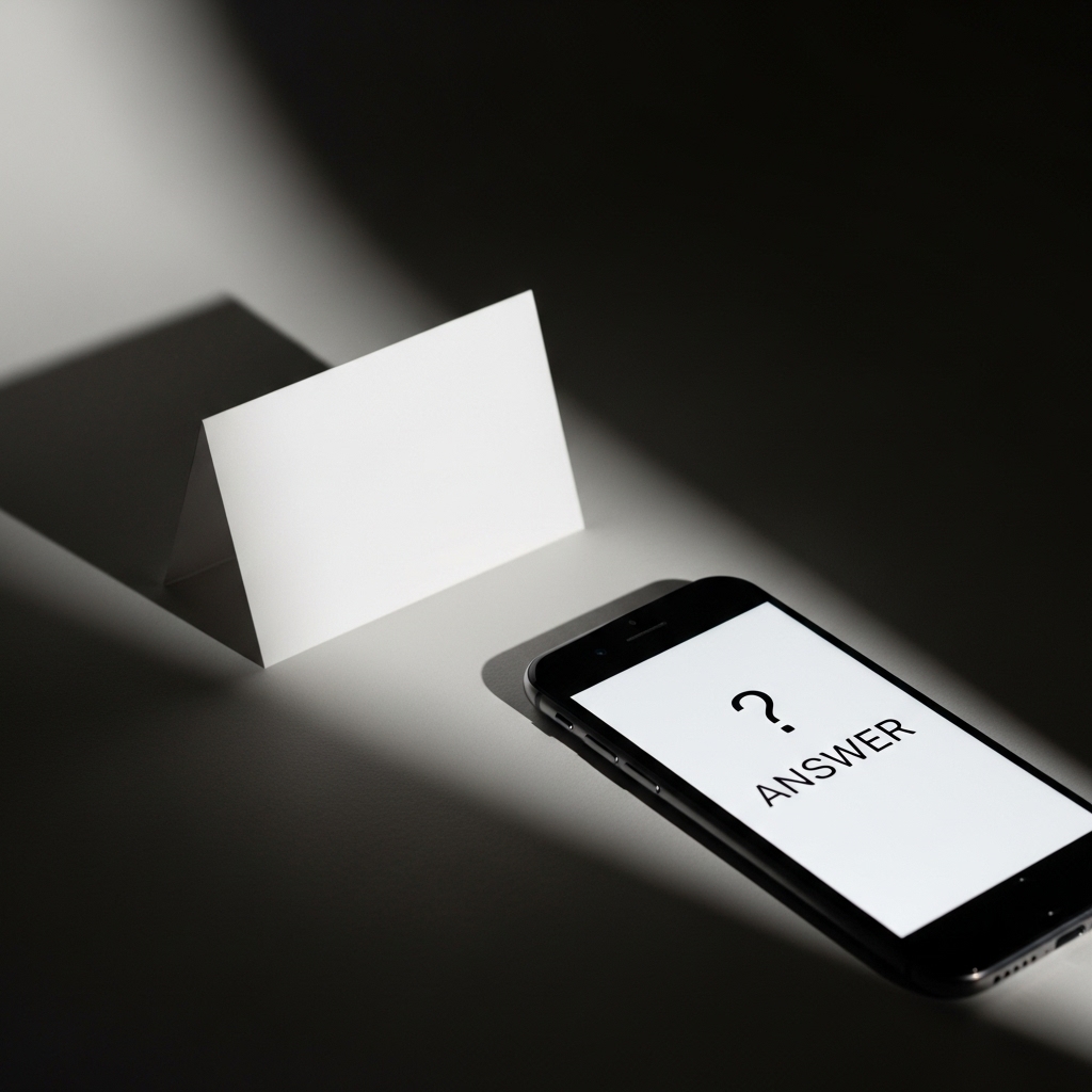 Q&A全体のイメージ：ライトと影で疑問と解決を抽象表現したカードとスマホの静物