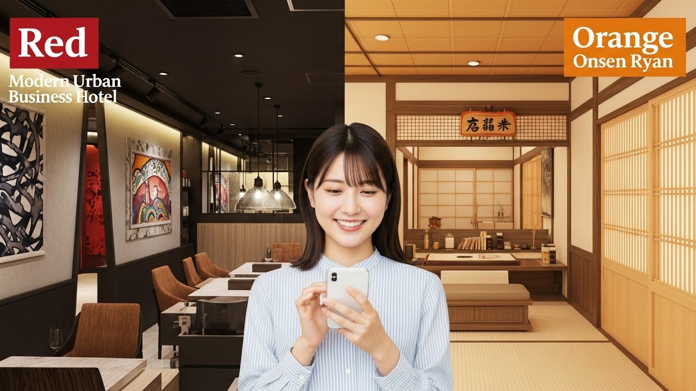 楽天トラベルとじゃらんの比較イメージ。スマートフォンを持って旅行予約を検討する日本人女性と、背景に広がる温泉旅館とビジネスホテルの抽象的な対比。