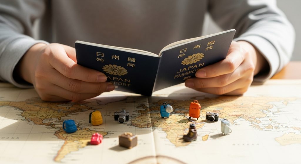 旅行用のパスポートと世界地図を手に持ち、旅行先を選んでいる日本人の手元。