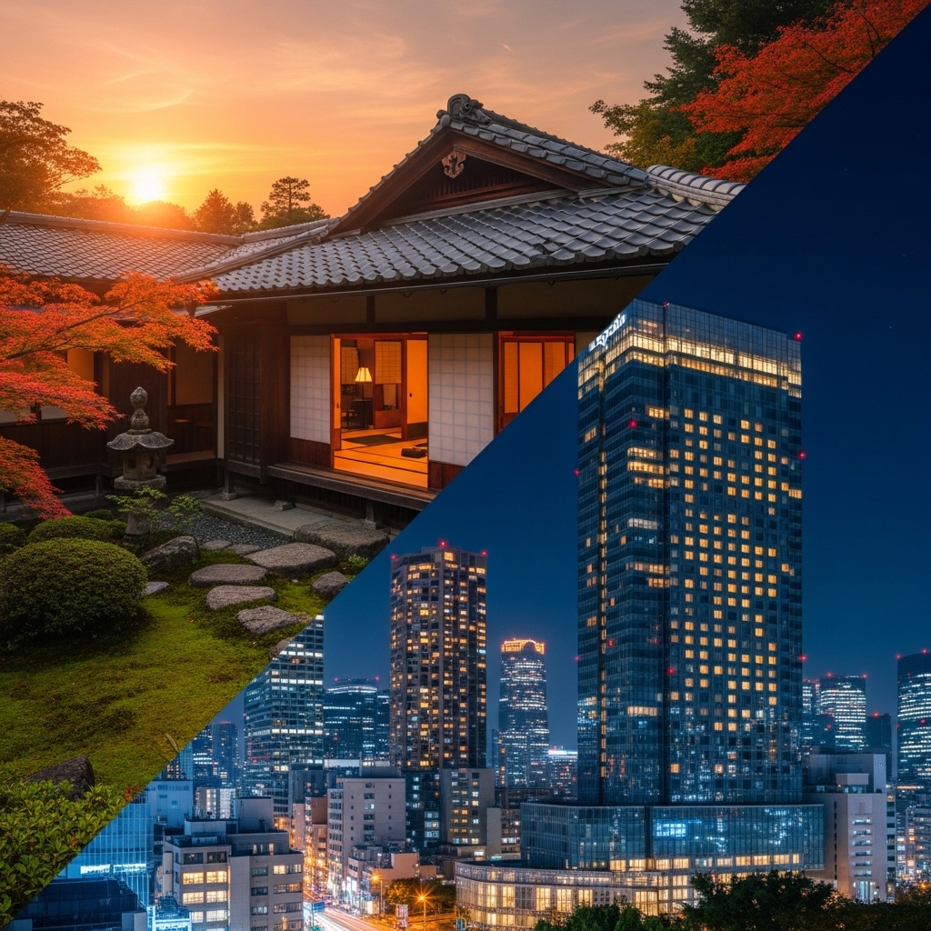 画面が二分割され、左上に日本の温泉旅館(夕焼け)、右下に海外のシティホテル(夜景)が並ぶ比較イメージ。