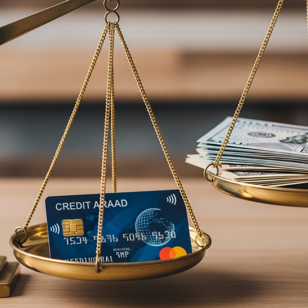 クレジットカードと現金の安全性を比較する天秤。クレジットカード側が安全で重く傾いている。