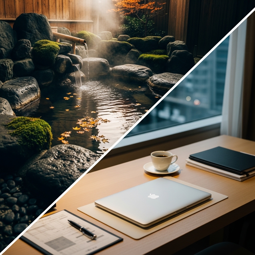 露天風呂の温泉とビジネスホテルのデスクを対比させたイメージ。