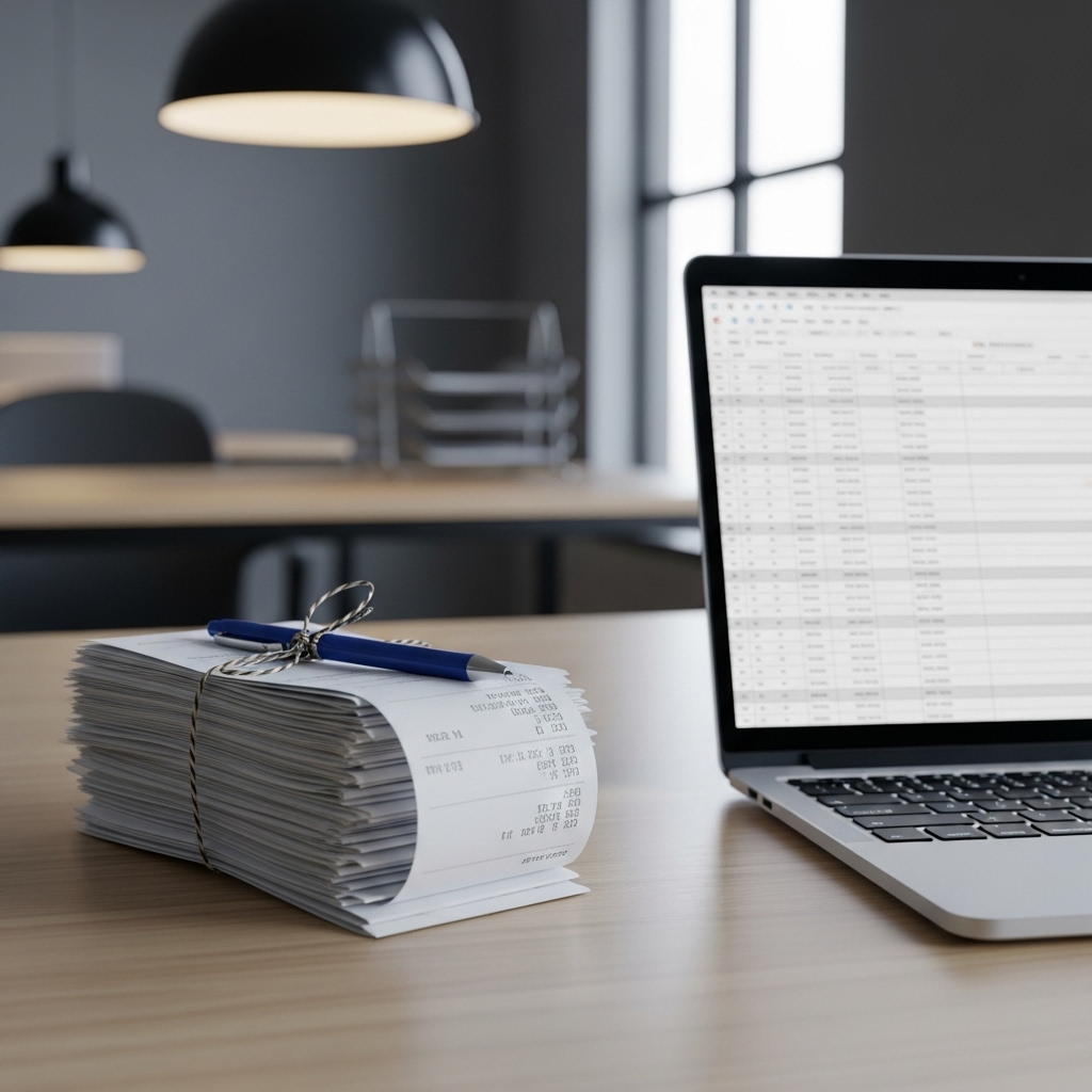 ビジネスデスク上の領収書と印鑑、パソコン。経費精算のイメージ。