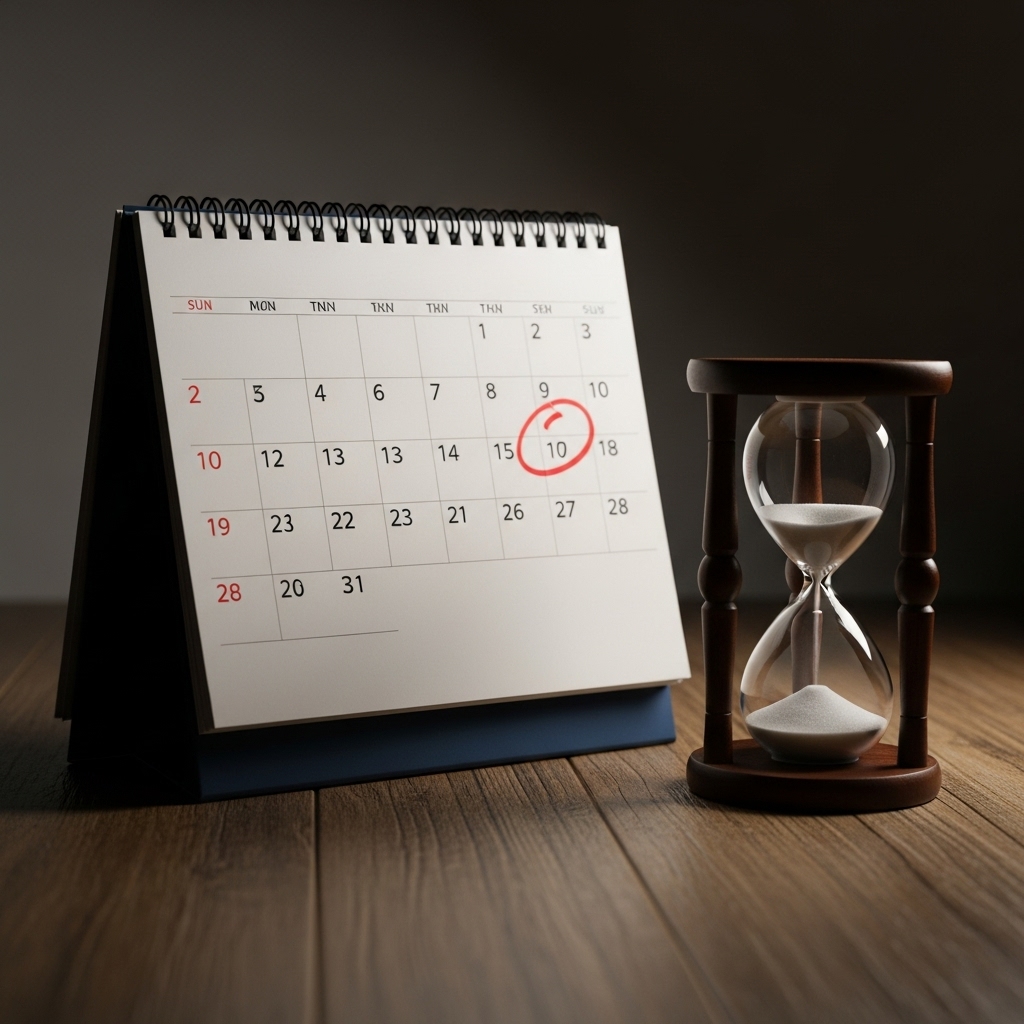 カレンダーの日付と砂時計による期限の注意喚起イメージ。