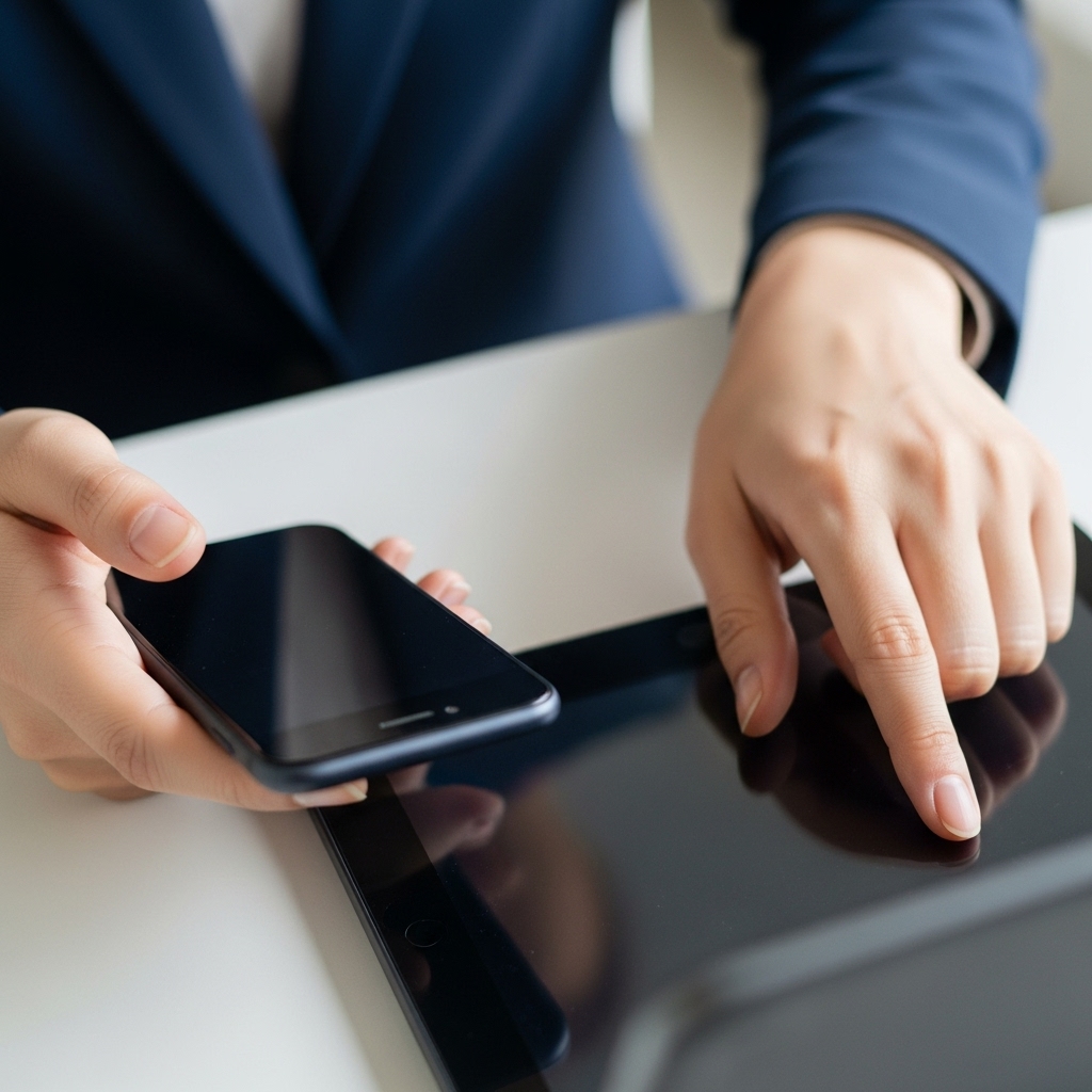 スマートフォンの代わりにタブレットやブラウザ画面を確認する様子