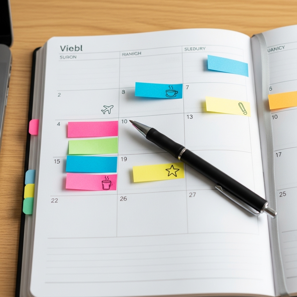 予定がたくさん書き込まれた手帳とカレンダー、ペンのクローズアップ。