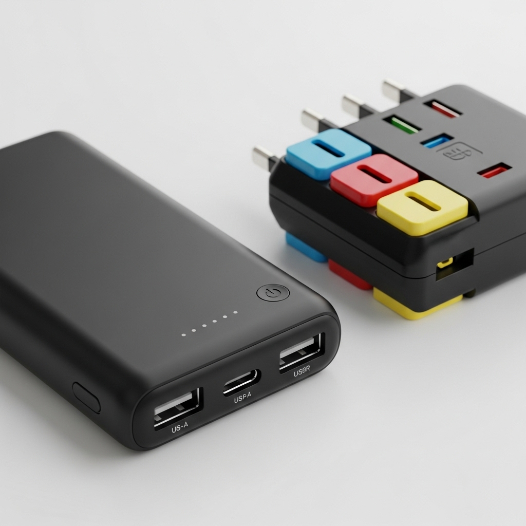 モバイルバッテリーと、世界各国の形状に対応したマルチ変換プラグ。