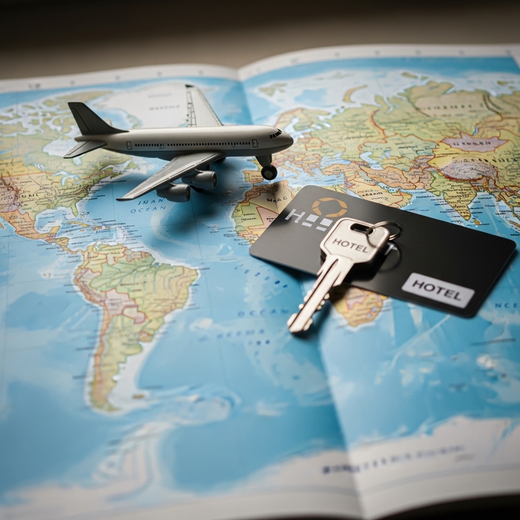 飛行機の模型とホテルのルームキーが地図上に置かれている様子。