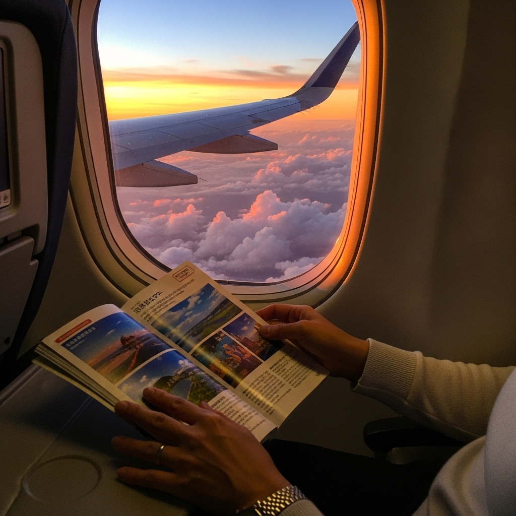 飛行機の窓から見た、夕焼け空に伸びる翼。