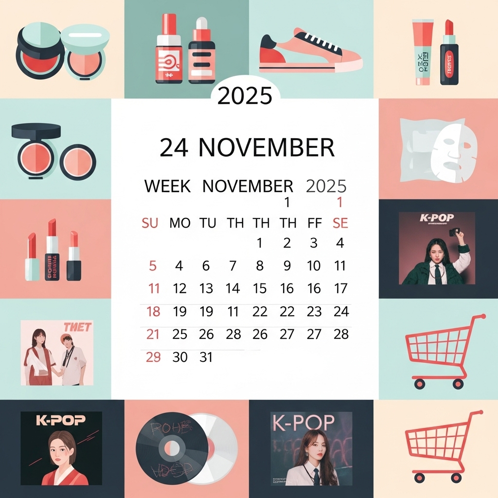 2025年韓国ブラックフライデーセールの全貌。カレンダーとショッピングアイコン。