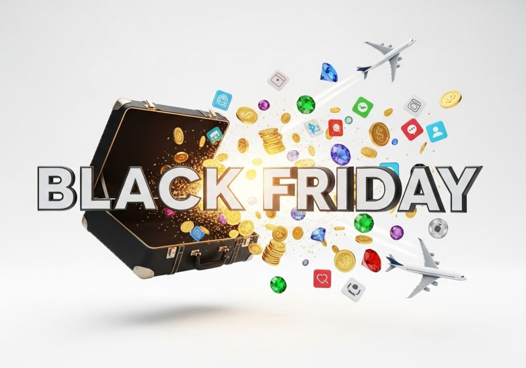 白い背景に浮かぶ「BLACK FRIDAY」の文字から、スーツケース、金貨、飛行機、スマートフォンのアイコンが飛び出しているイメージ画像。