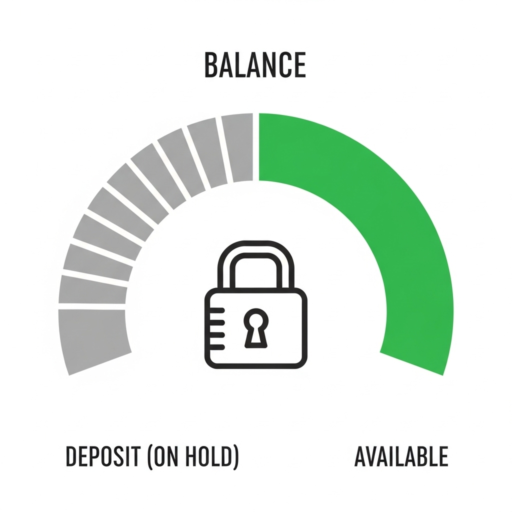 デビットカードでデポジットを支払い、口座残高が拘束されて困るイメージ。