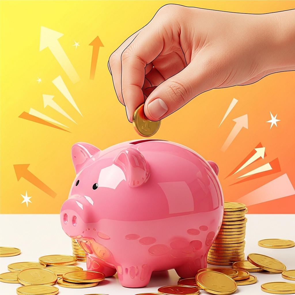 貯金箱にコインを追加で入れている手元。ポイントの二重取りを表現。