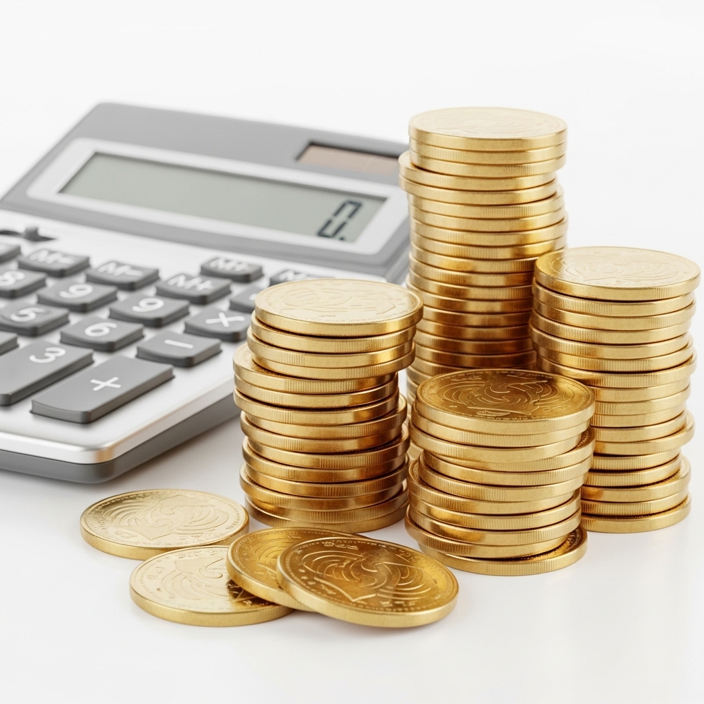 ポイント還元率と宿泊料金を計算する電卓と金色のコインの山。