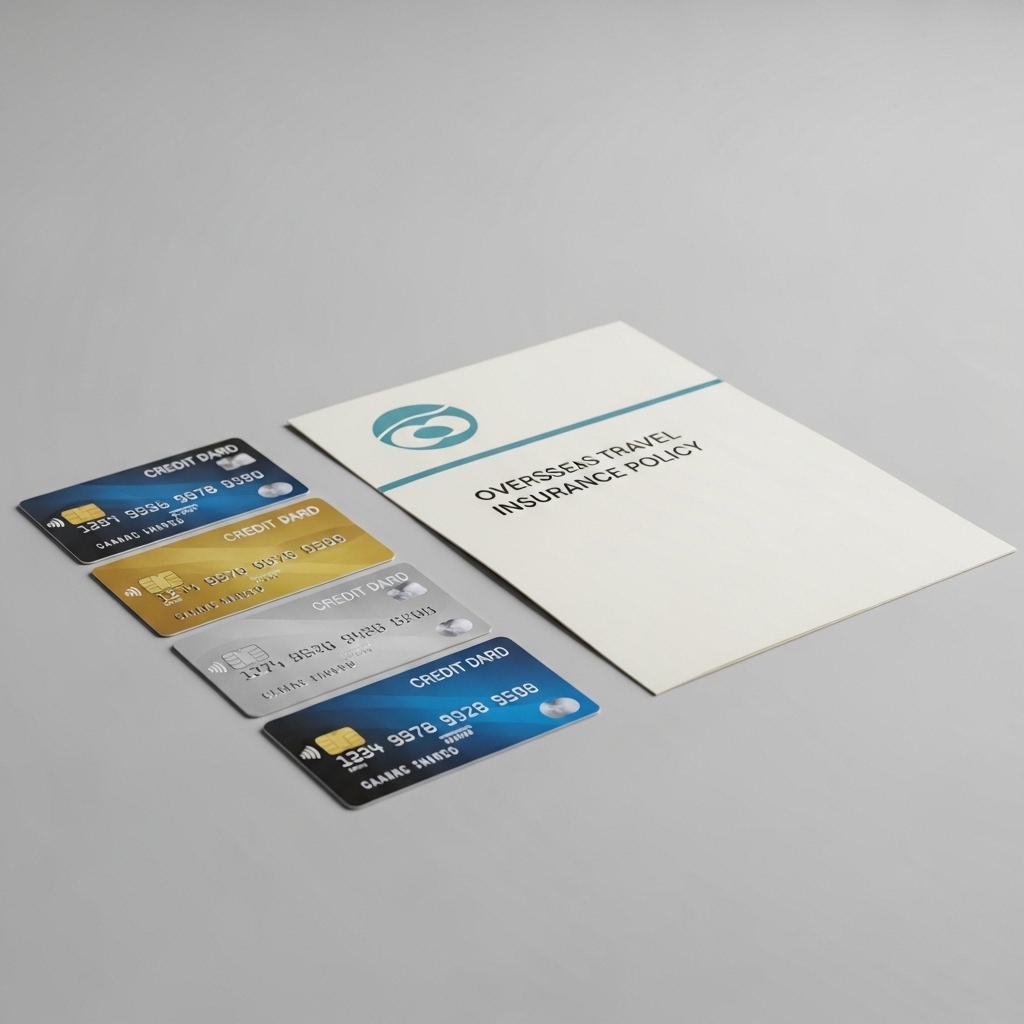 クレジットカード数枚と、旅行保険証券のイメージ。