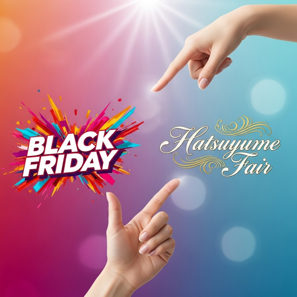 「BLACK FRIDAY」のロゴと「初夢フェア」のロゴを、日本人の手が指さして比較検討しているイメージ画像。