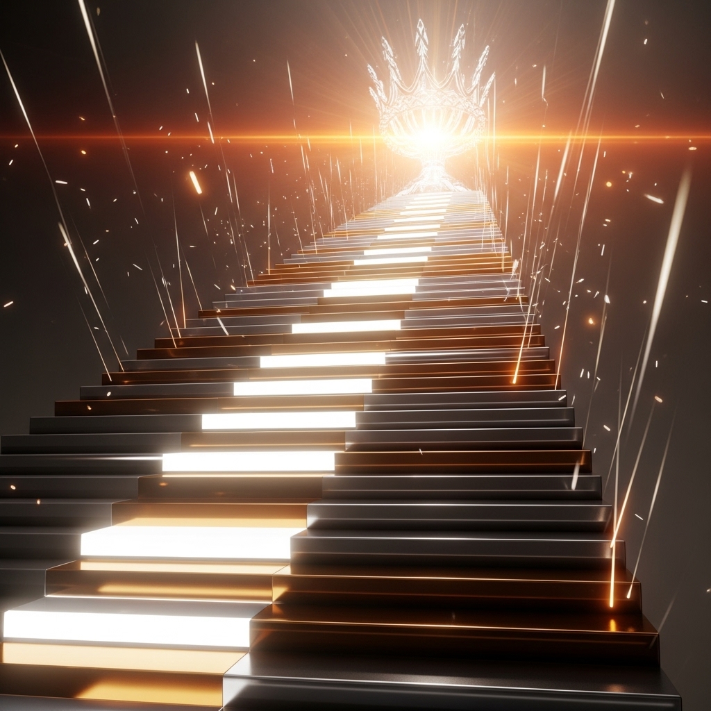 階段を登って王冠やトロフィーに近づくイメージ。ランクアップの表現。