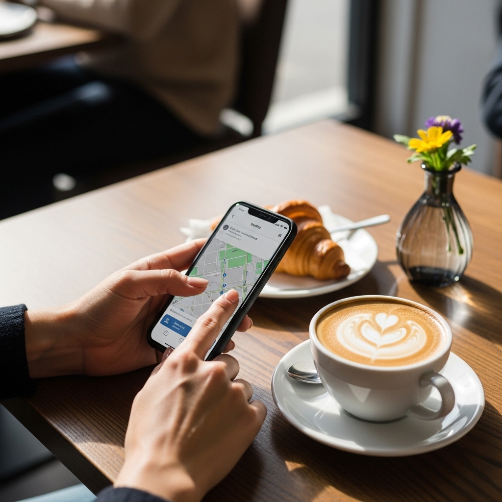 カフェでリラックスしながらスマートフォンを操作して画面を確認する手元