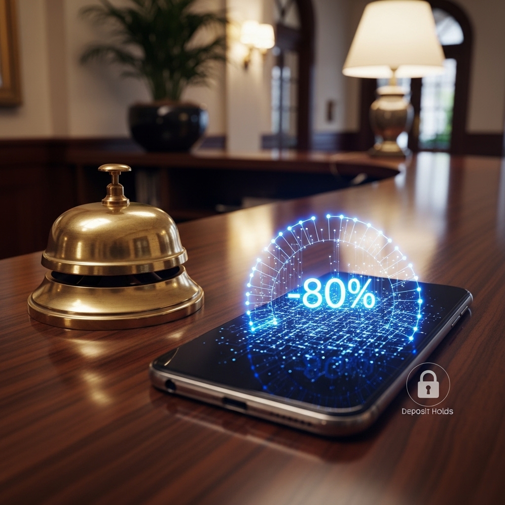 スマホで利用可能額を確認している風の抽象UIとホテルのデポジットを連想させるベル