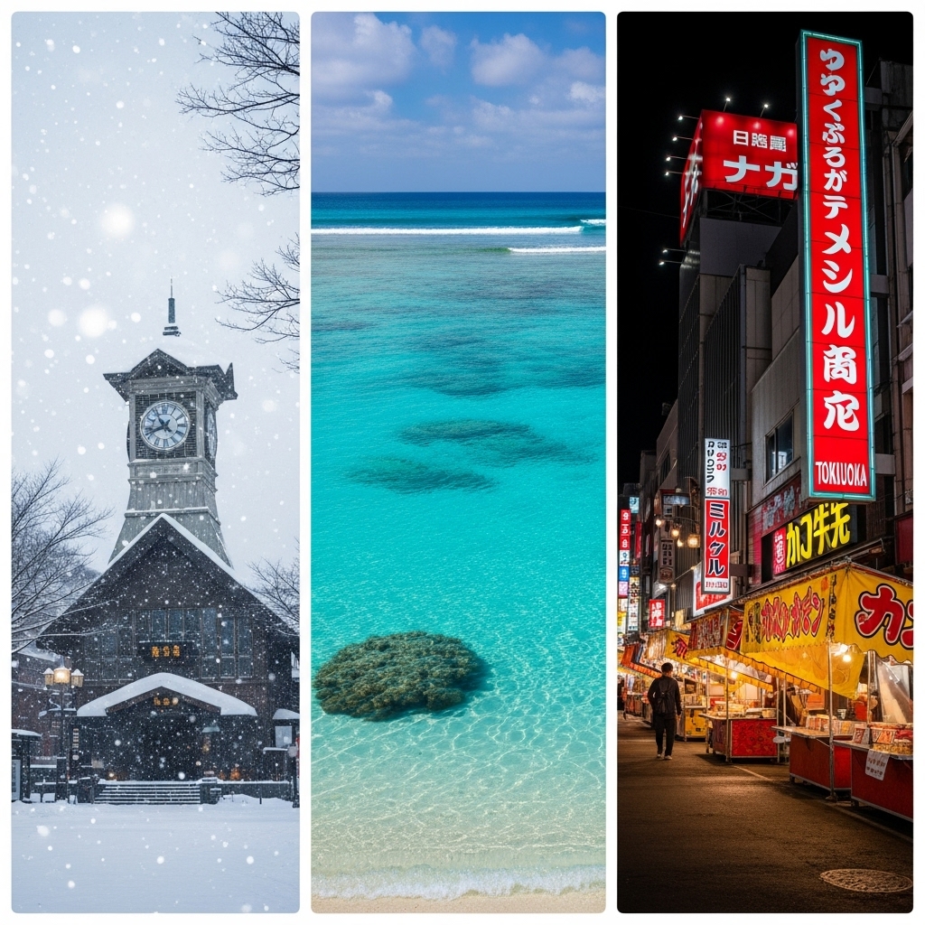 日本の国内旅行先（北海道の雪景色、沖縄の青い海、福岡の都市風景）を3分割でコラージュした画像。