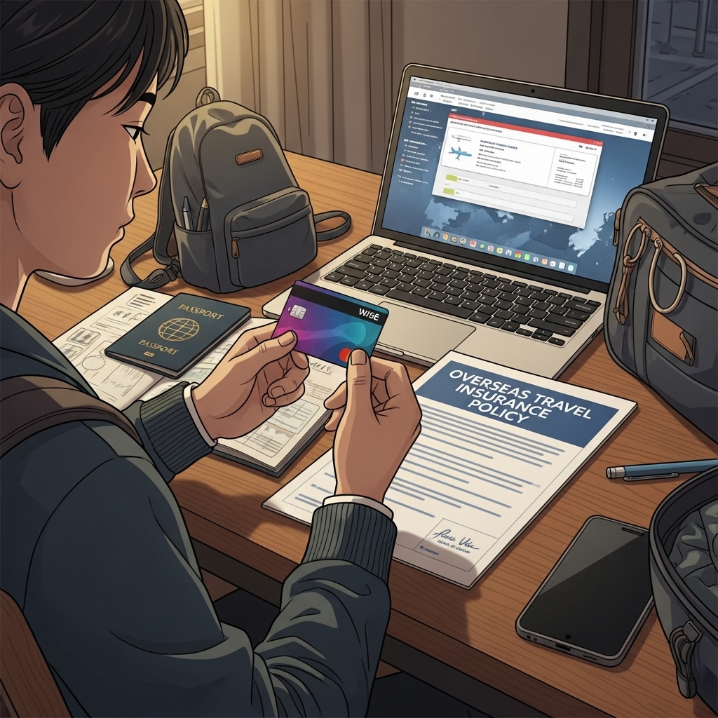 海外旅行に行く日本人学生が、デビットカードと別の保険証書を準備している様子。