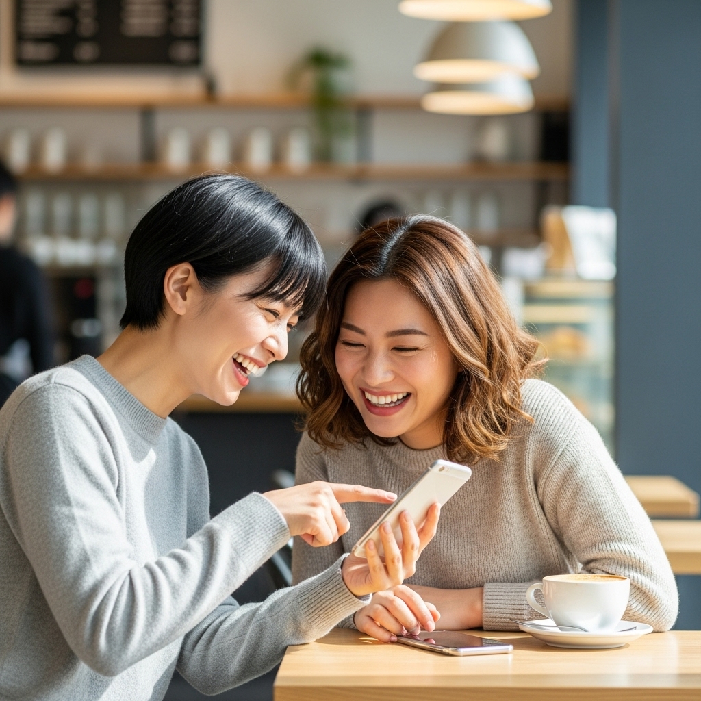 楽しそうにスマートフォンを見せ合って会話する日本人女性たち