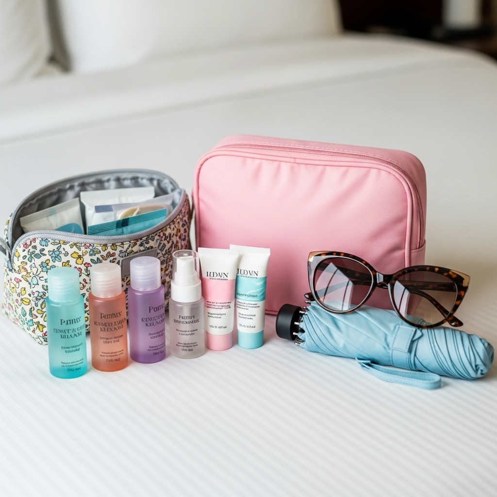 女性用旅行グッズ（スキンケア用品、UV対策グッズ）が並べられたイメージ。