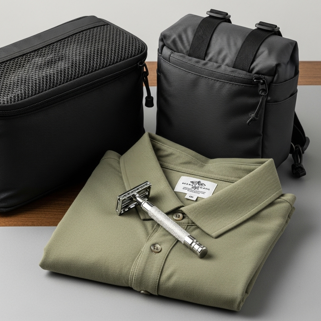 男性用旅行グッズ（T字カミソリ、折りたたみサブバッグ、襟付きシャツ）のイメージ。