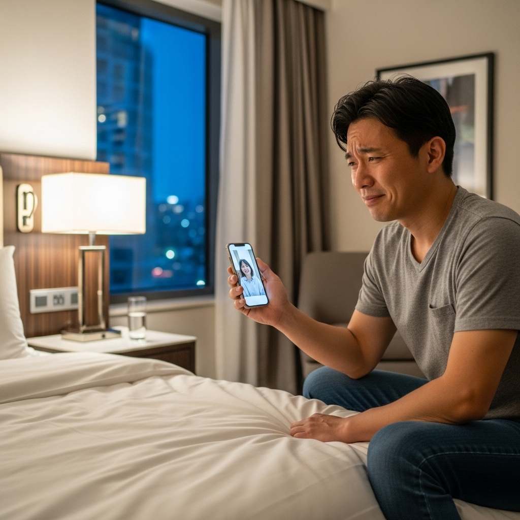 海外のホテルの部屋で、スマートフォンを使い日本の家族に連絡している日本人旅行者。