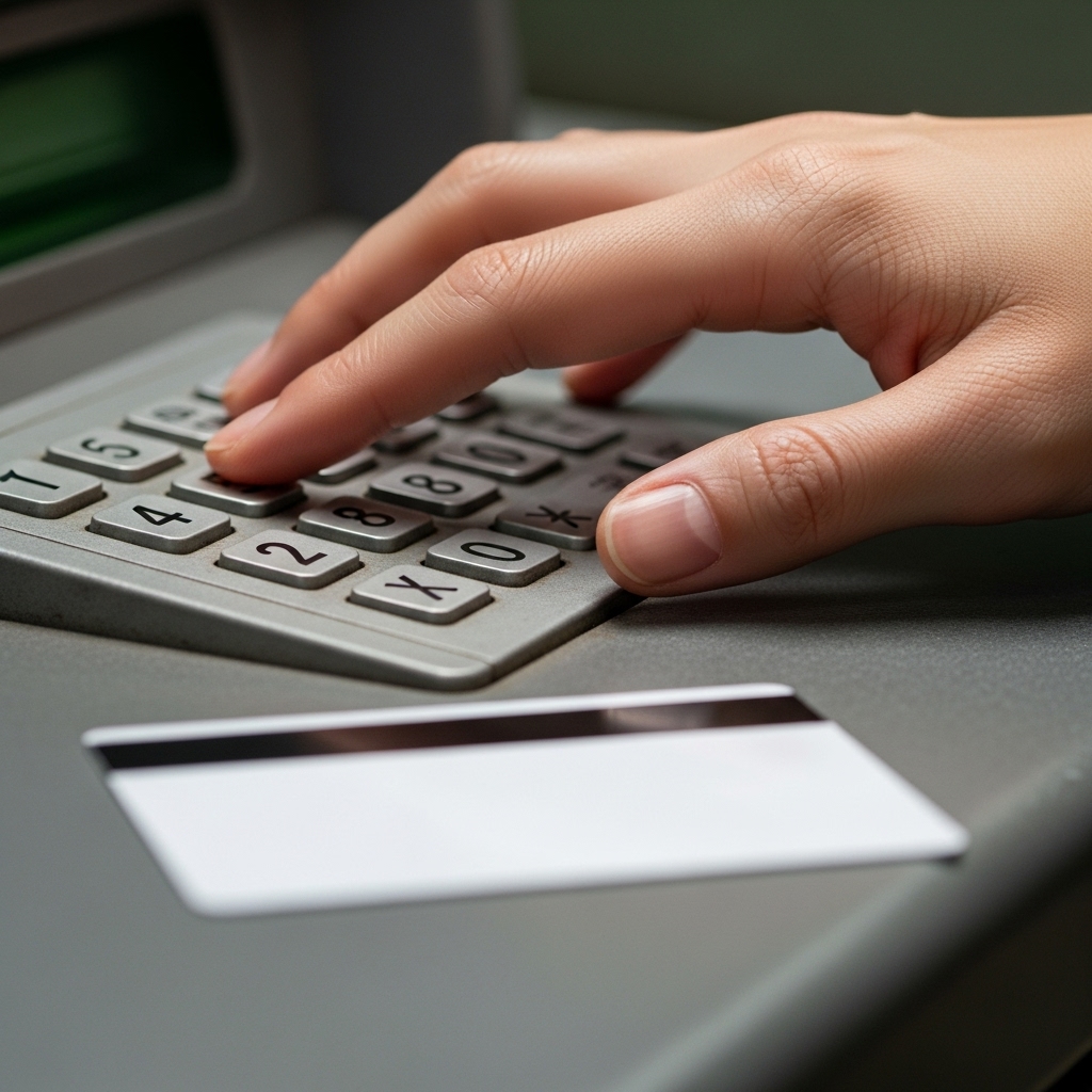 日本人がATM風のPINパッドに4桁を入力する手元