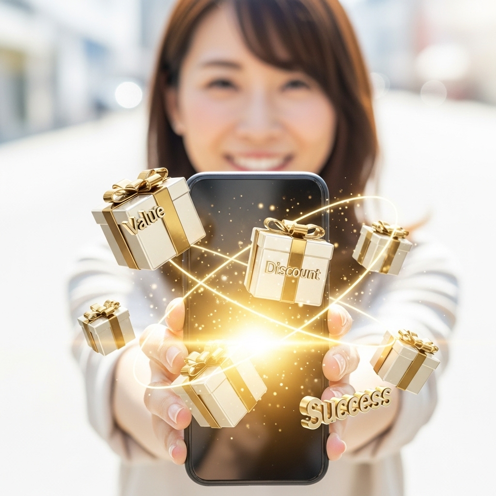 スマートフォンで割引クーポンを獲得して喜ぶ日本人女性