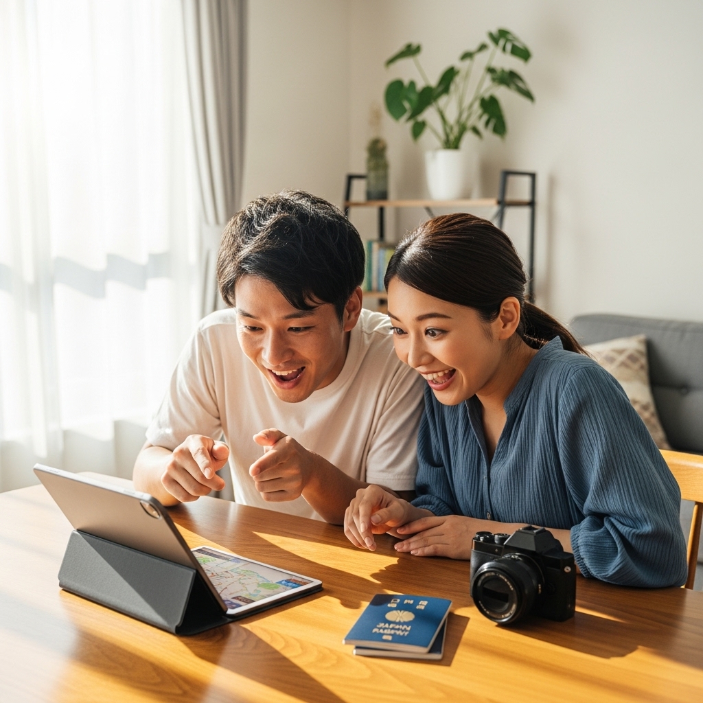 旅行の計画を立てる日本人カップルとタブレット端末