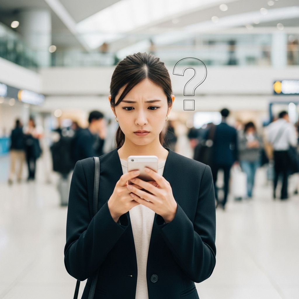 スマートフォンを見つめて少し困った表情をしている日本人女性