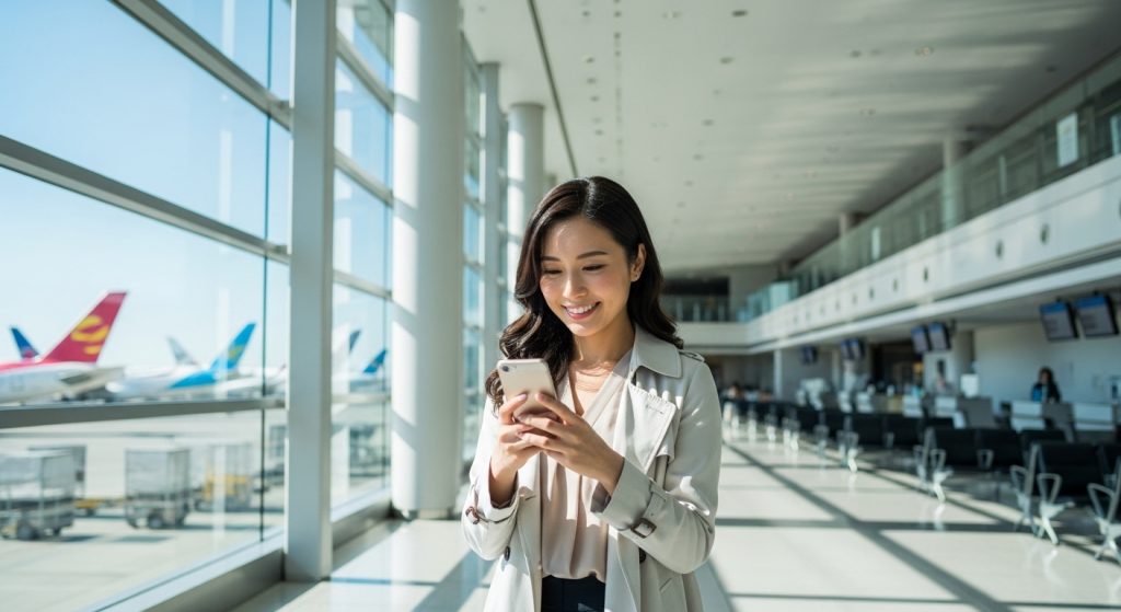 楽天トラベルで航空券のみを予約するか考える女性とスマートフォン、空港の背景