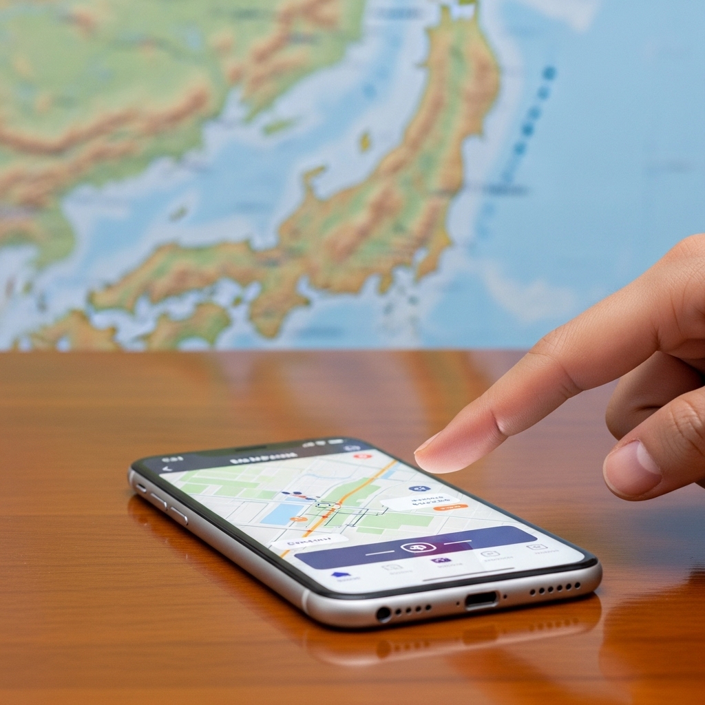 日本地図とスマートフォンの旅行検索イメージ