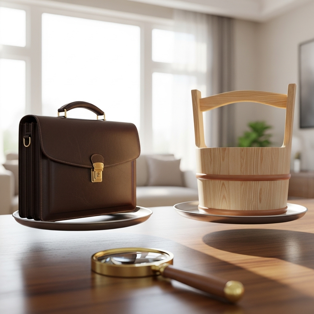 旅行予約サイトを比較検討するための天秤や虫眼鏡のイメージ。