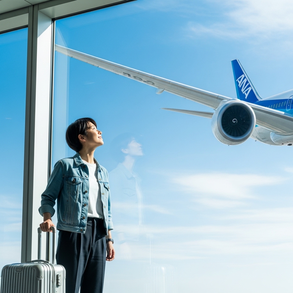 青い空と飛行機を背景にスーツケースを持って歩く日本人旅行者