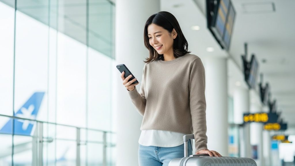 楽天トラベルのeチケットを表示したスマートフォンを持ち、空港で微笑む日本人女性旅行者