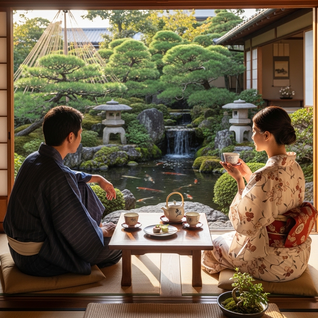 高級温泉旅館の縁側でくつろぐ日本人のイメージ