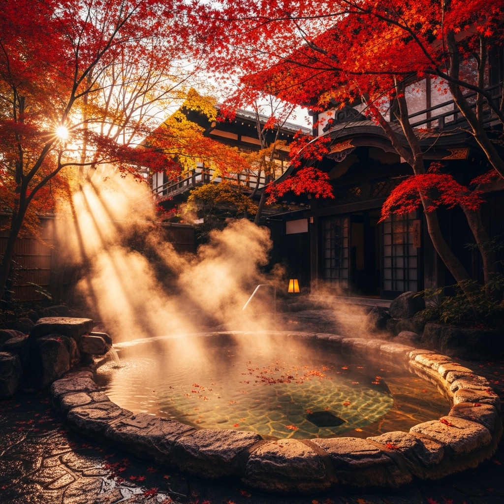 紅葉が見える日本の温泉旅館の露天風呂。赤色を基調とした温かみのある風景。