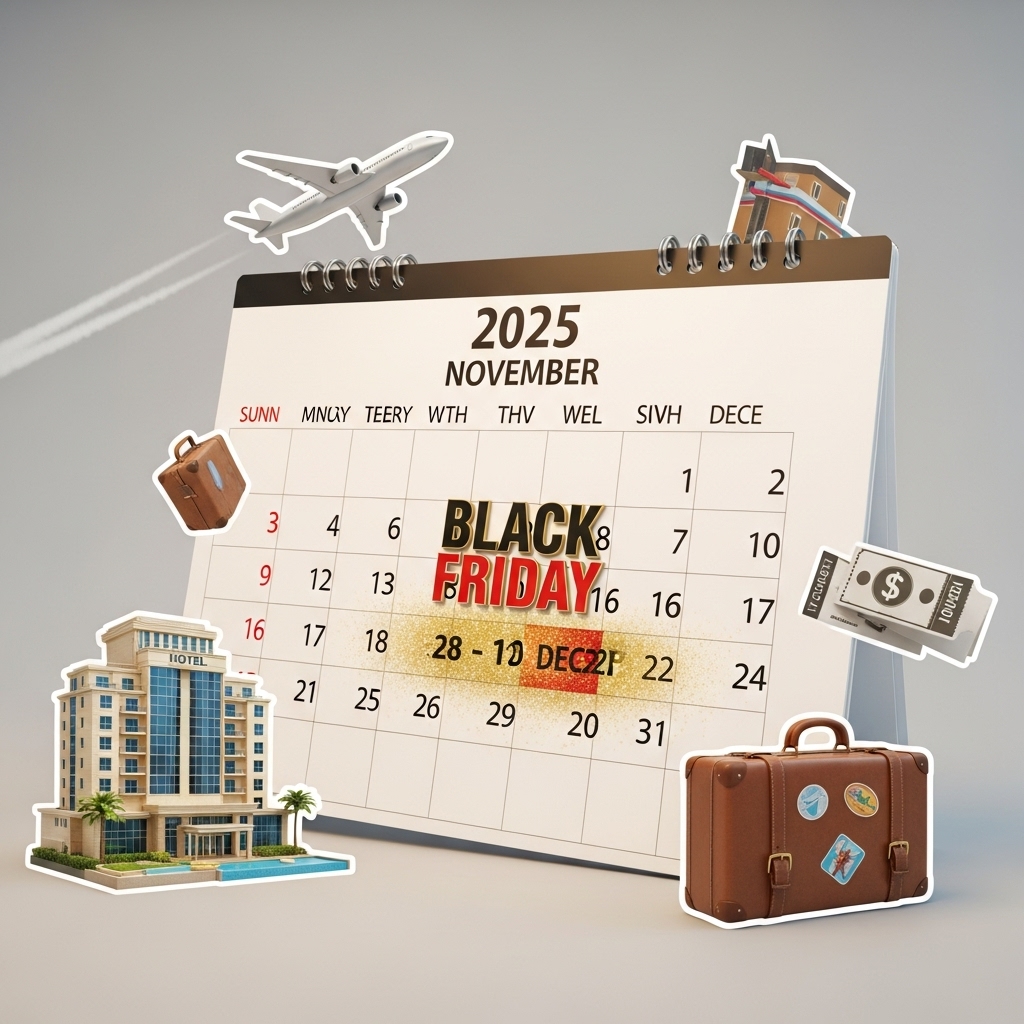 楽天トラベルブラックフライデーの基本情報を示すカレンダーと旅行関連アイコン