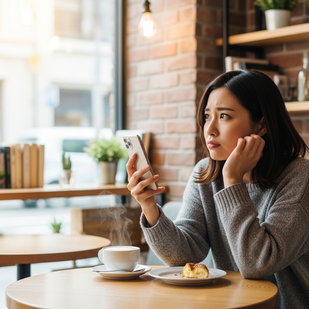 スマートフォンを見て少し困った表情の日本人女性