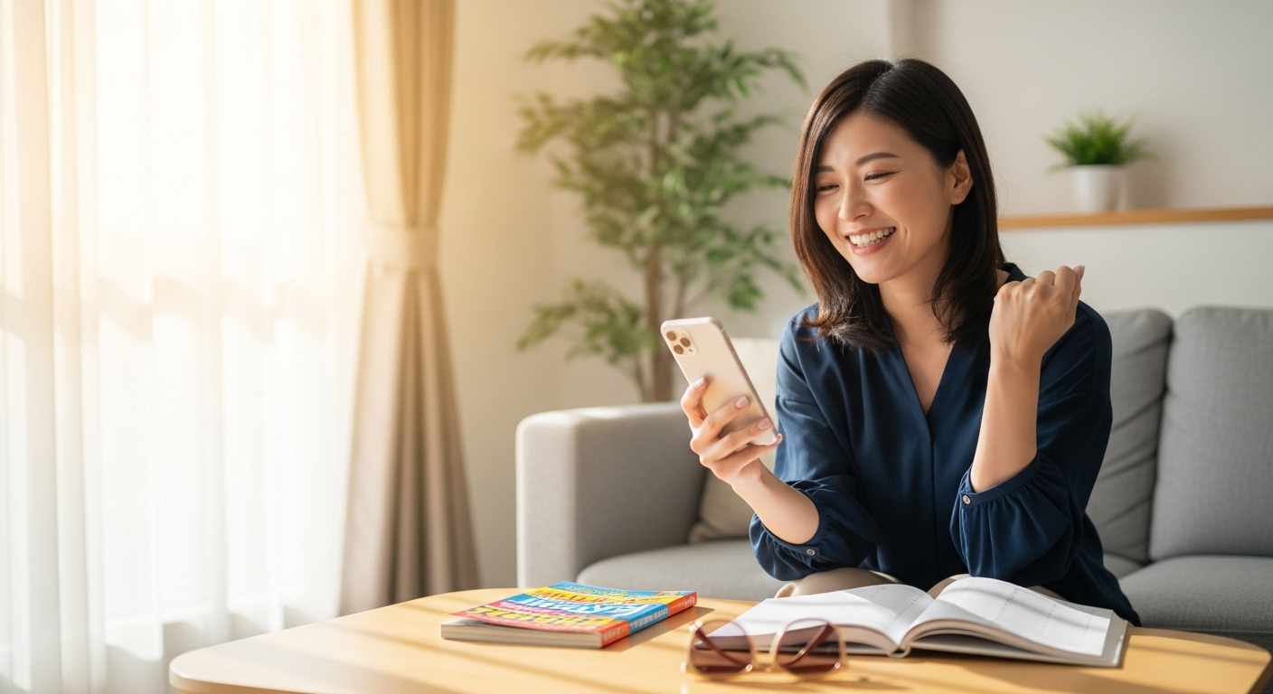 スマートフォンで旅行予約をして喜ぶ日本人の姿とカレンダーと旅行グッズのイメージ